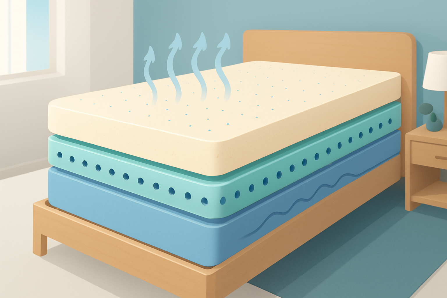 Schéma illustrant les couches et caractéristiques d’un matelas mémoire de forme moderne
